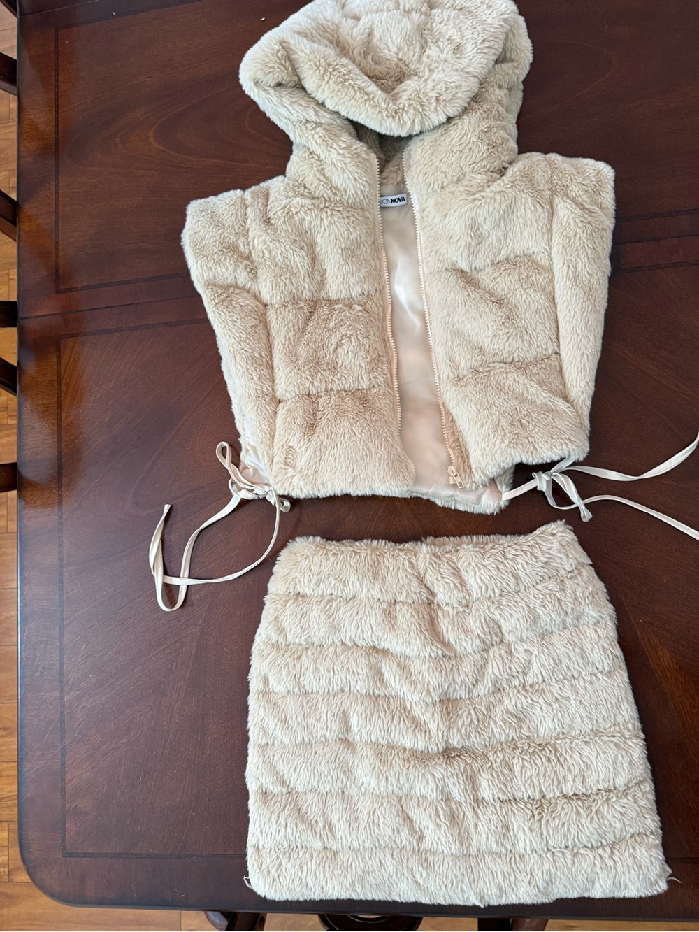 Fashion Nova Cream Faux-Fur Hooded Vest and Skirt Set
